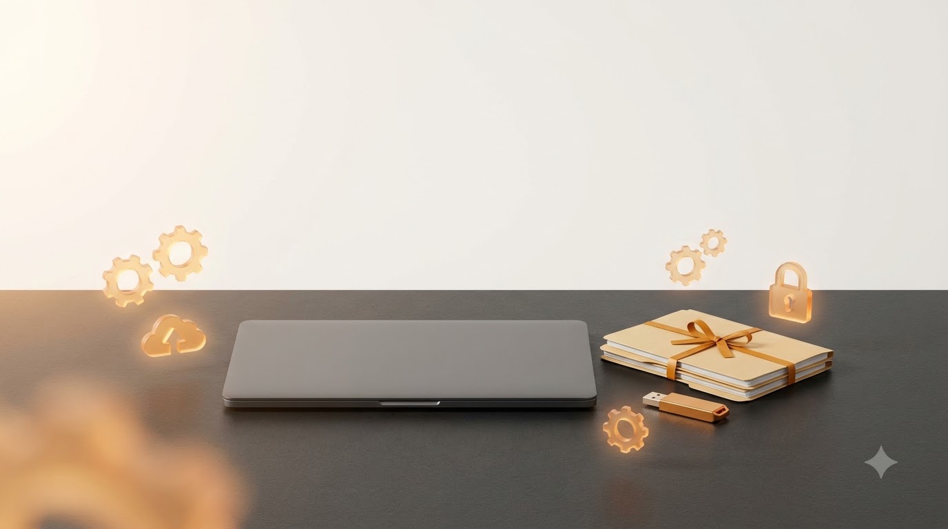 Bộ kit Solo Founder Kit đóng gói sẵn: laptop, tài liệu, USB — ẩn dụ cho hệ thống cài vào máy là dùng ngay