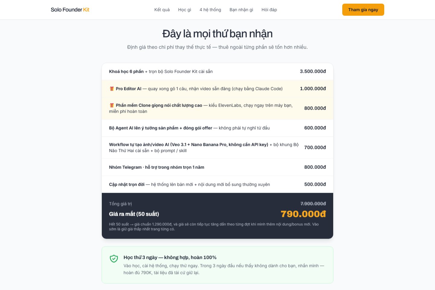 Bảng giá Solo Founder Kit chạy thật